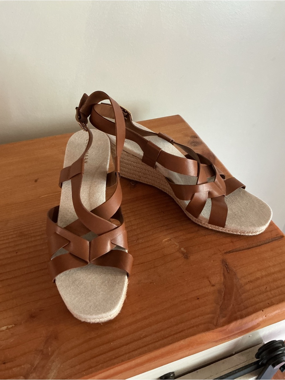 Cole Haan Cognac Brown Leather Espadrille Wedge Sandals Size 9.5 M W2357